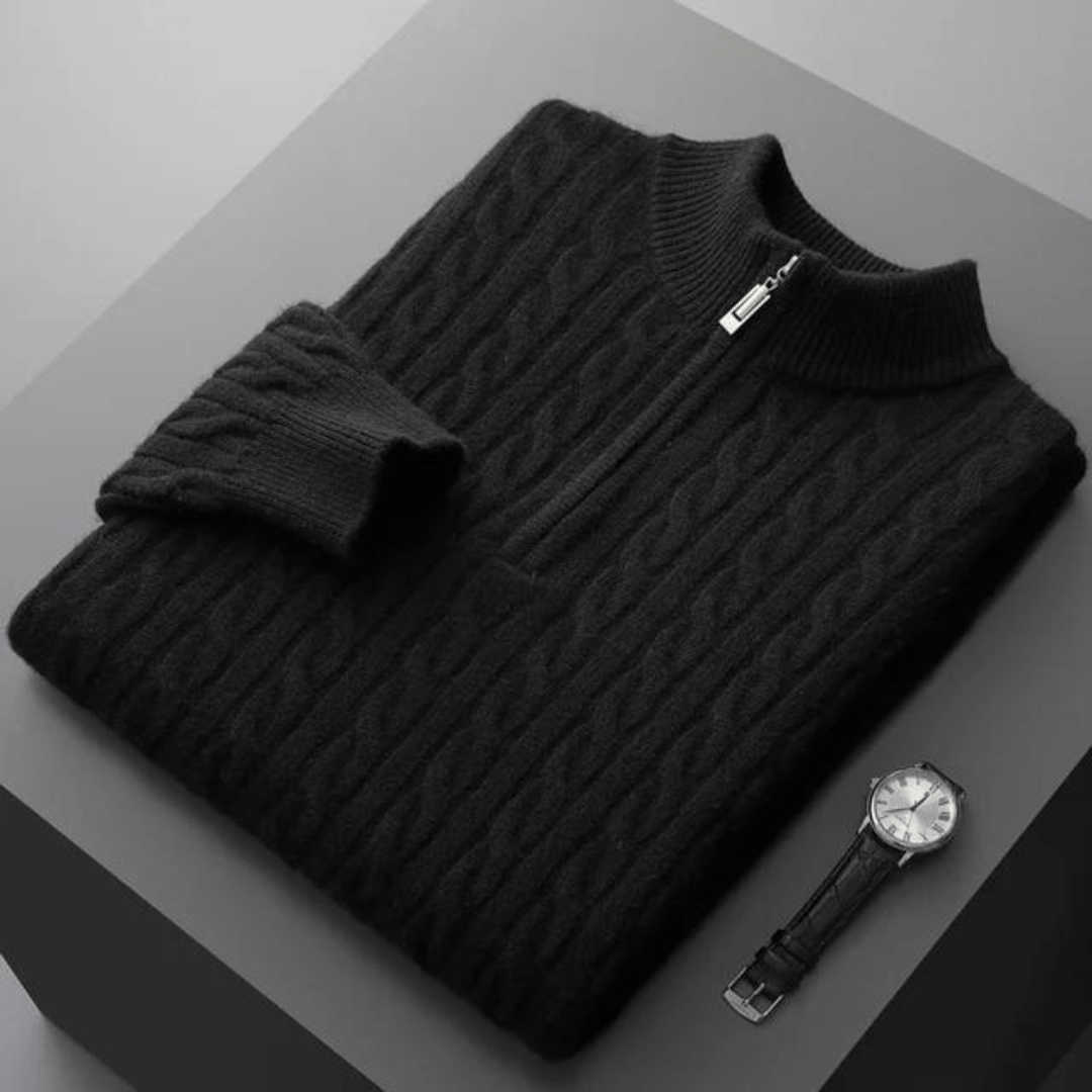 Old Money 100% Cashmere Woven Half Zip Black / S