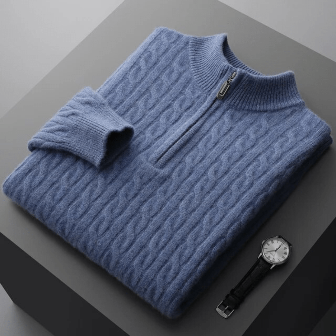 Old Money 100% Cashmere Woven Half Zip Blue / S