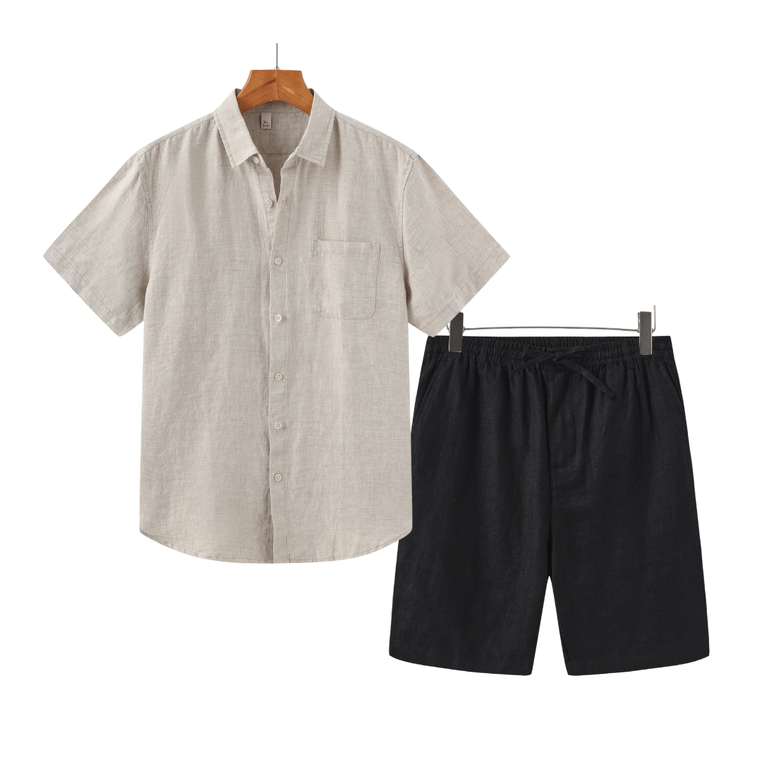 **Old Money Linen Combo (Shorts) - 100% Linen, Confort et Élégance** Beige / Black / S